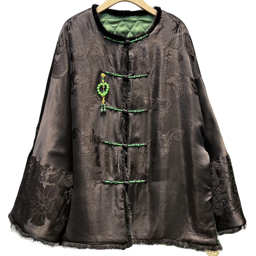 璞玉 - 桑蚕丝民国老软缎！新中式复古玉石盘扣押襟宽松棉服