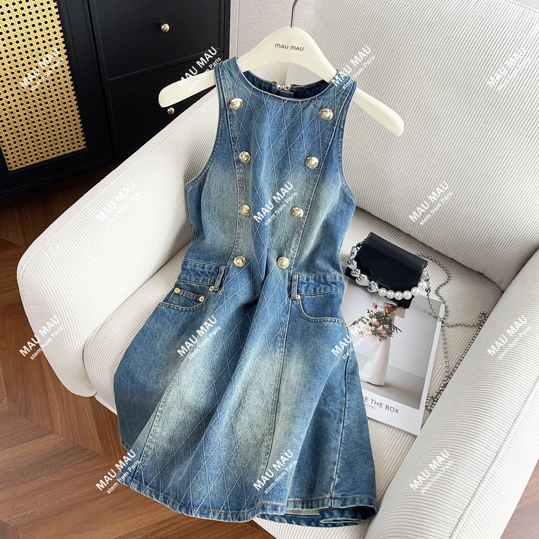 高端女装秋新款法式通勤洗水做旧格纹牛仔背心连衣裙DY7775