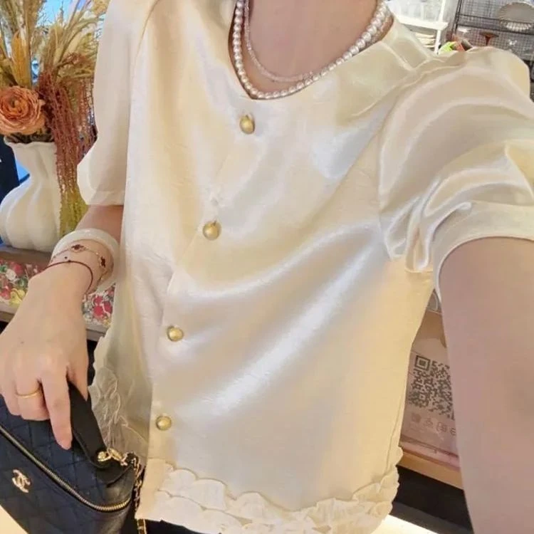 法式木耳边压褶衬衫女2025夏季新款宽松缎面短袖衬衣女轻奢上衣潮