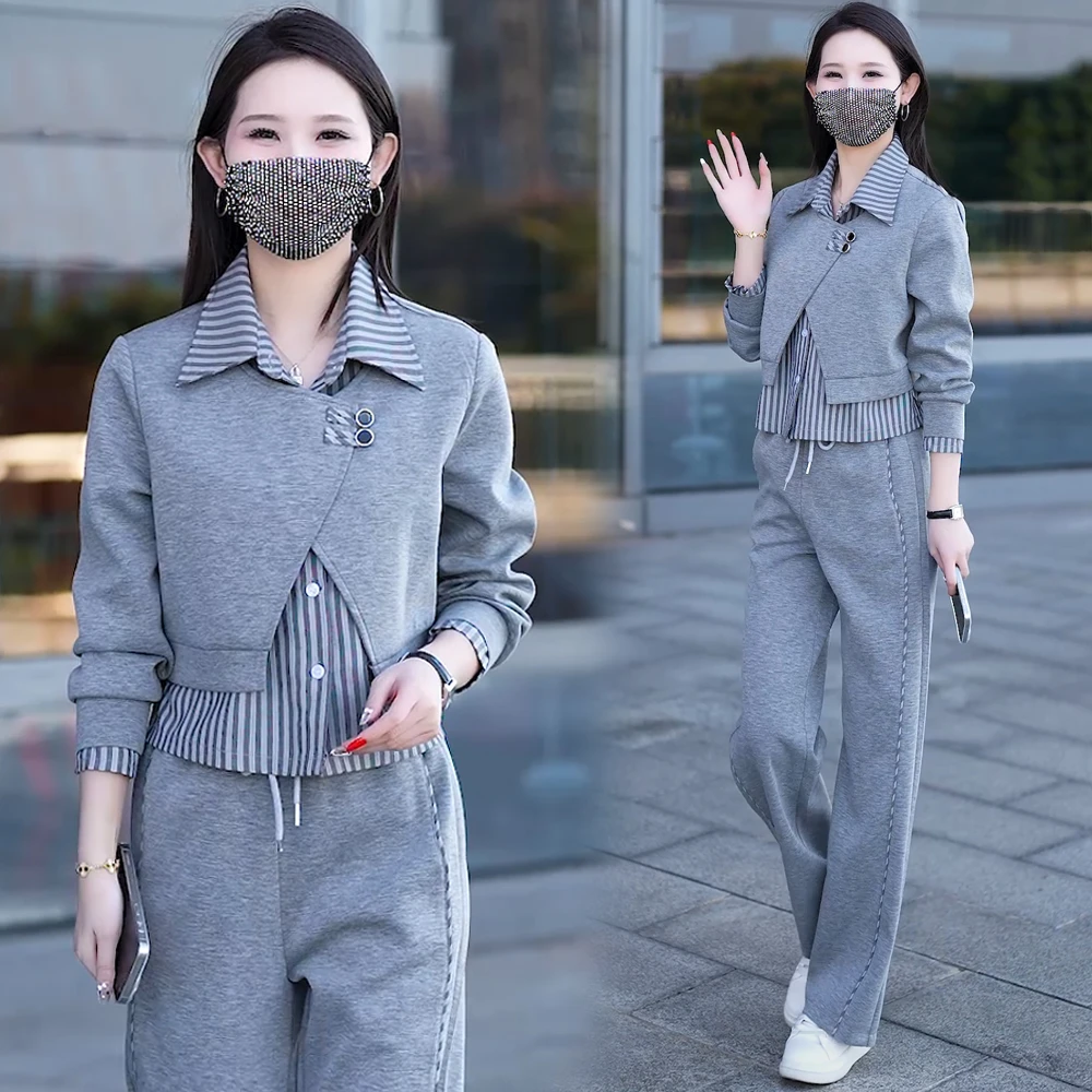 2025春秋季新款时尚套装女设计感拼接假两件长袖上衣阔腿裤两件套