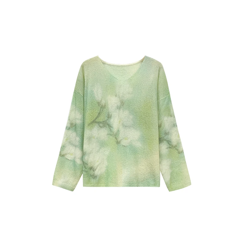 【橙庐】112423原创艺术家万芾联名绿色玉兰花莱赛尔羊绒羊毛针织衫