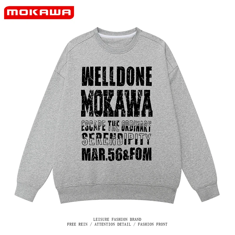 mokawa时尚原创设计圆领美式字母印花卫衣上衣外套春秋冬黑色休闲