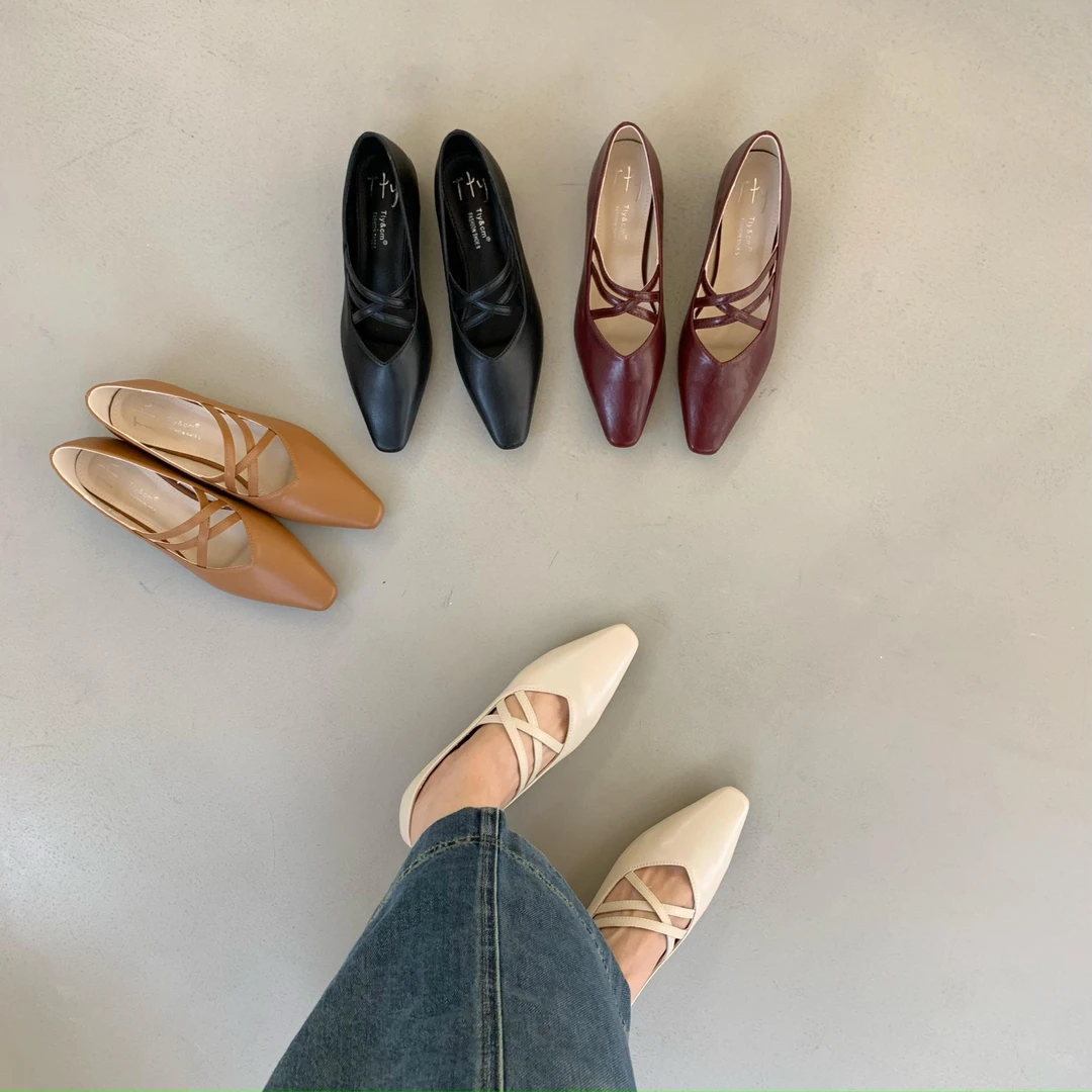 尖头交叉显瘦小众设计感春夏韩版粗跟玛丽珍单鞋高跟鞋CA513-7