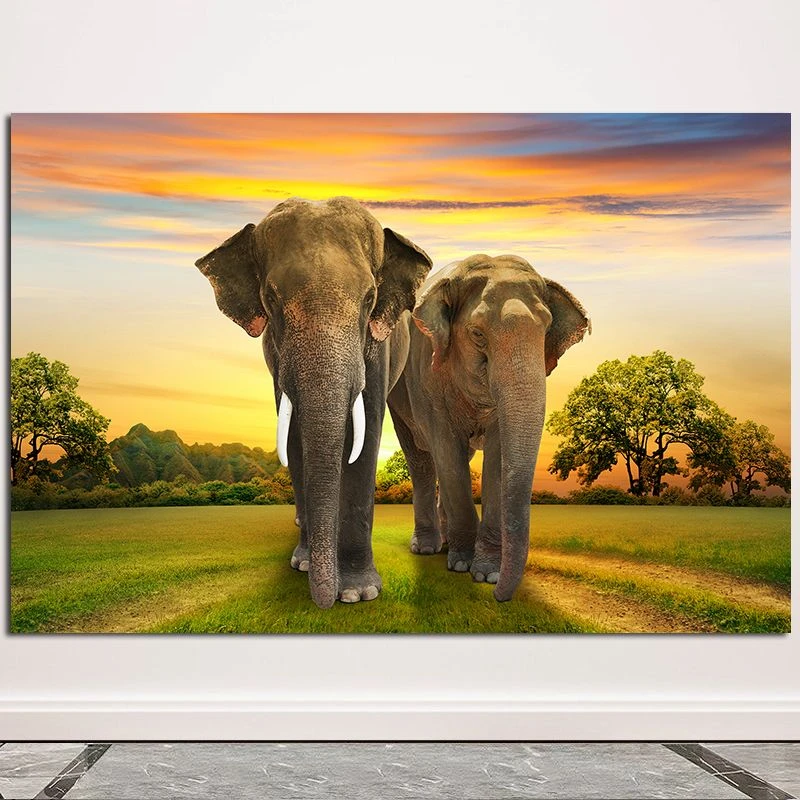 吉祥如意招财象动物大象画餐厅玄关酒店背景墙挂画自粘装饰画