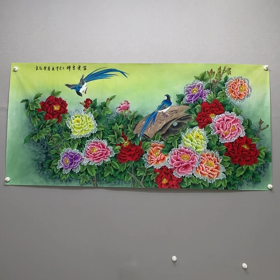 国画横幅六尺精品牡丹贾敏