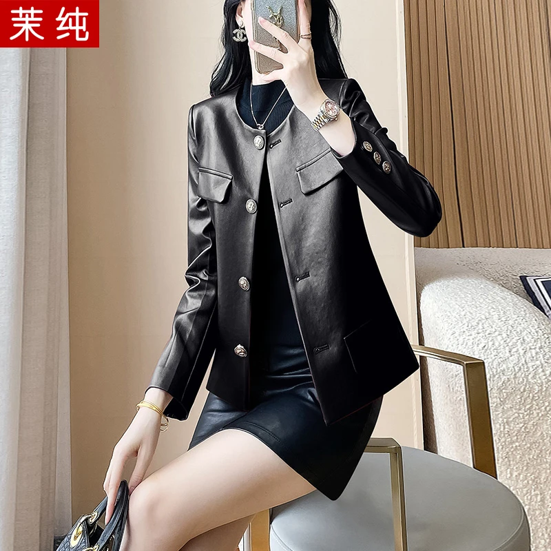 皮衣外套女2026新款黑色圆领独特超好看的酷飒风小个子短款皮夹克