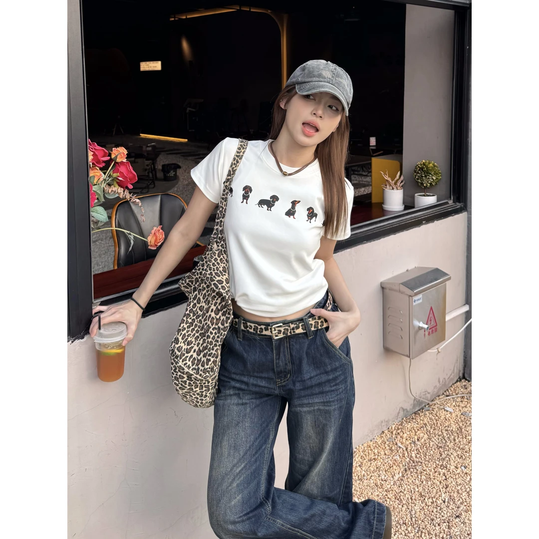 XFX美式复古短款腊肠狗圆领短袖T恤女夏季休闲显瘦高街宽松上衣潮