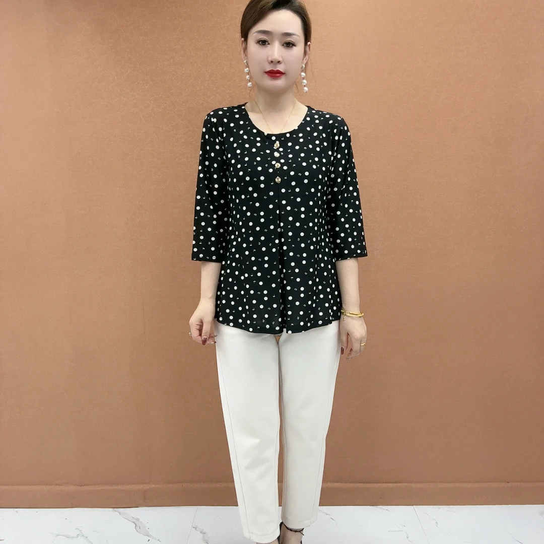 2025夏季时尚宽松百搭圆领显瘦遮肚气质减龄版波点型洋气上衣妈妈