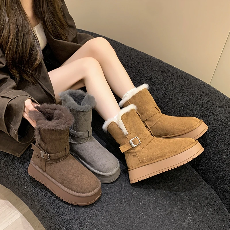 中筒厚底雪地靴2025加绒加厚增高百搭厚底棉鞋两穿翻毛防滑雪地靴