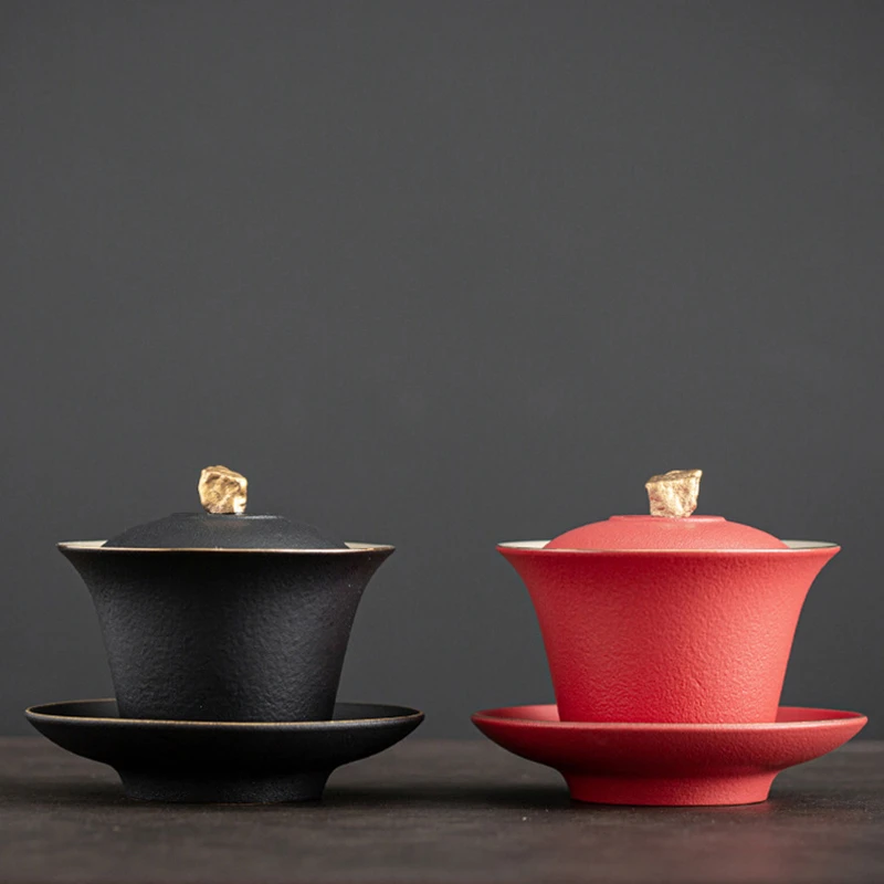 禅风粗陶盖碗三才盖碗套装碗敬茶杯黑陶盖碗茶具 泡茶器 茶道用具