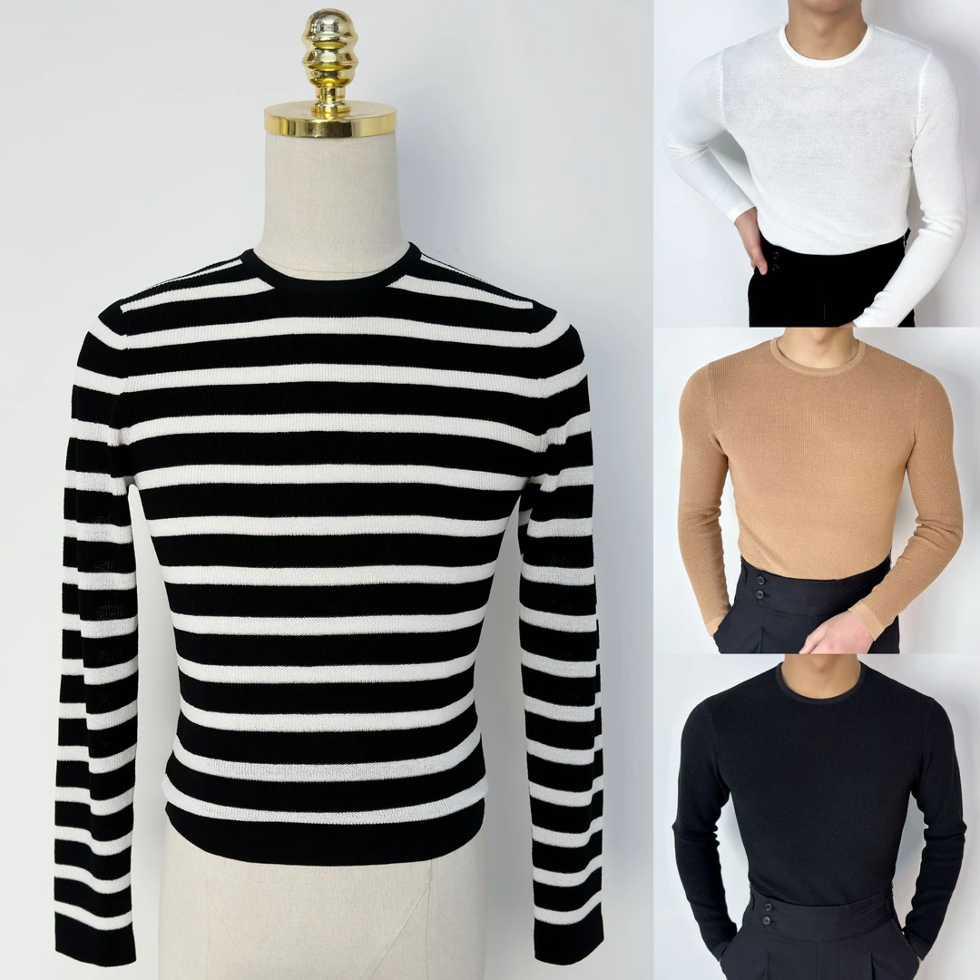 【西蒙曹】-春夏新款修身圆领长袖针织打底T恤