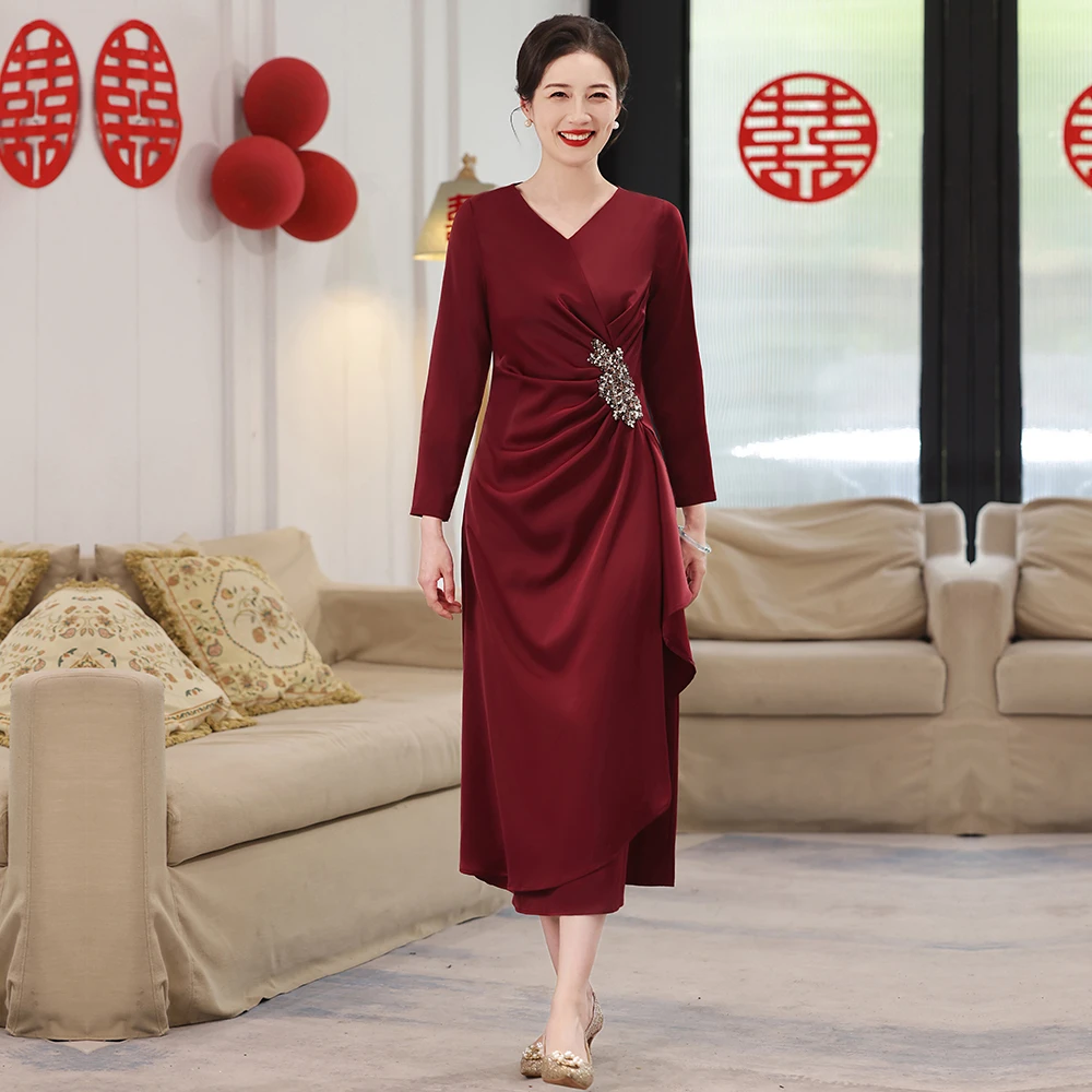 旗袍春秋冬喜婆婆婚礼连衣裙新中式喜妈妈宴会女装中国风大码礼服