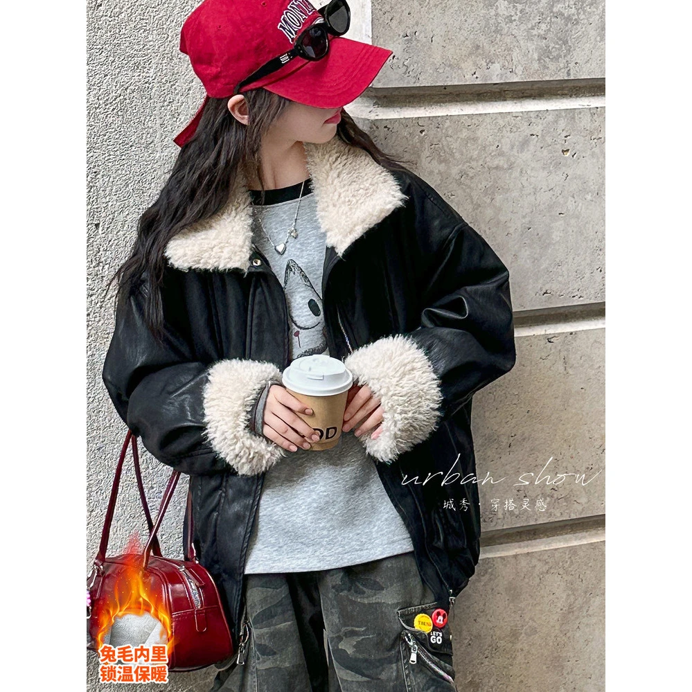 女童加绒皮衣外套秋冬装中大童加厚机车服儿童装大毛领夹克衫上衣
