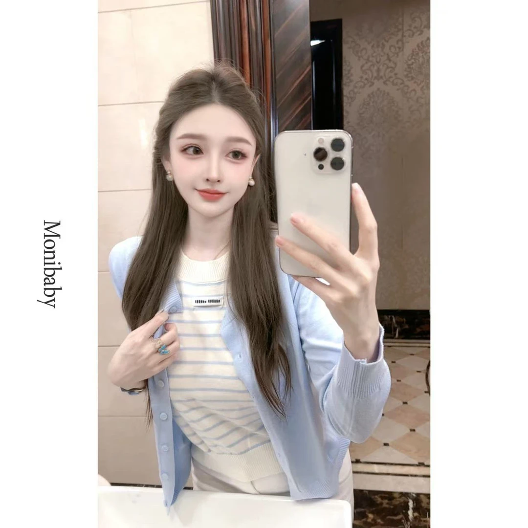 Moni【软软绵绵】早秋温柔韩系条纹撞色假两件开衫针织上衣