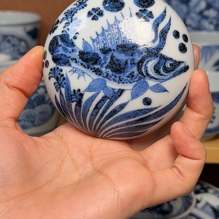 鱼藻纹明续幽蓝印泥盒