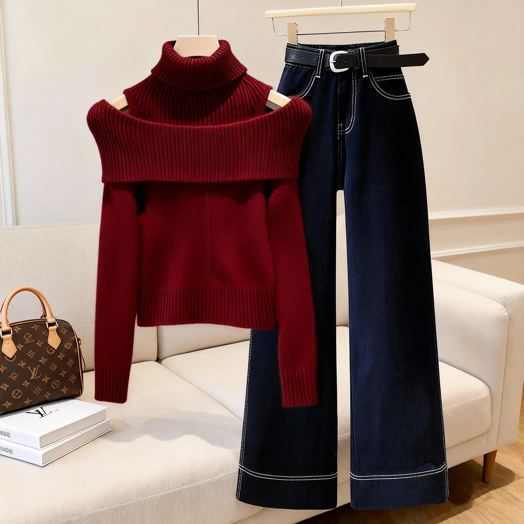 秋冬新年圣诞红色堆堆领减龄打底衫针织毛衣直筒牛仔阔腿裤套装女