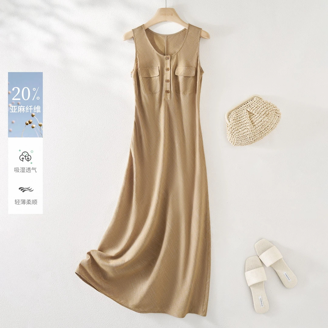IHIMI/海谧天然亚麻长裙子2025通勤显瘦圆领无袖连衣裙女通勤穿搭