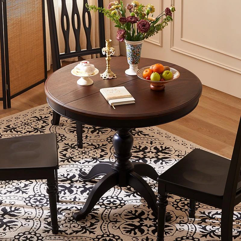 法式复古实木伸缩餐桌中小户型家用吃饭桌中古风圆桌餐桌客厅饭桌