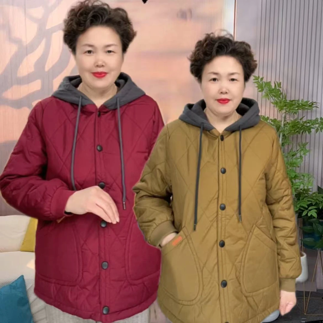 秋冬连帽常规款休闲中老年女装中年气质宽松纯色大码时尚二棉衣