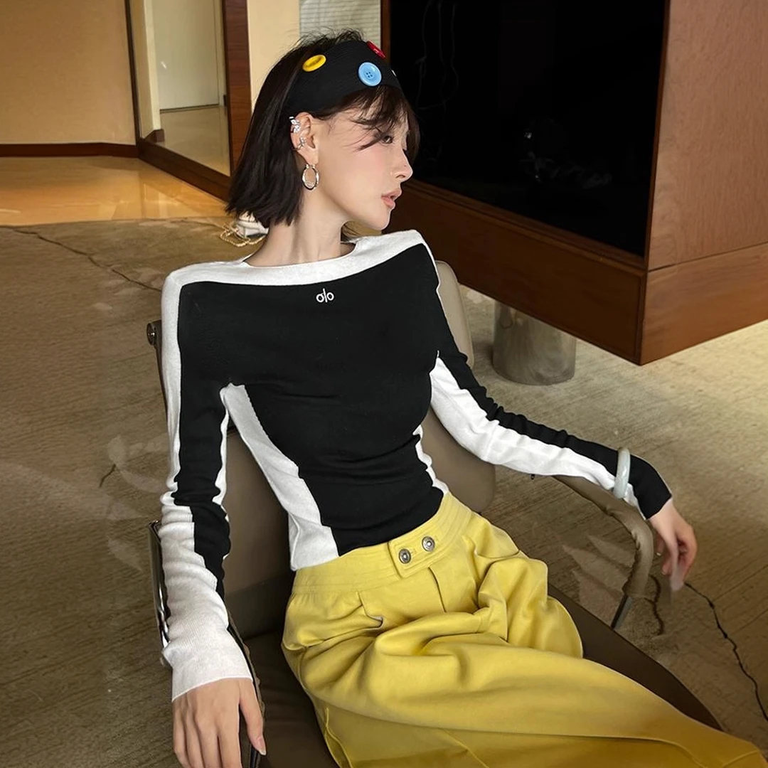 设计感撞色掐腰长袖T恤女早秋新款辣妹修身紧身显瘦短款针织上衣