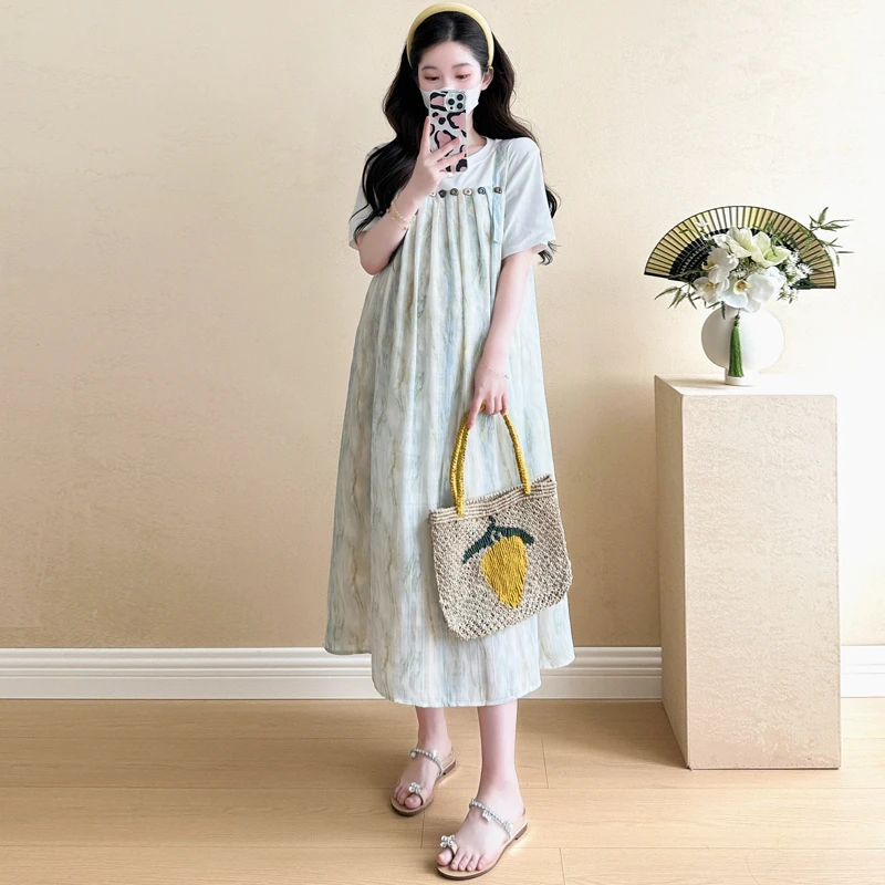 孕妇夏季拼接两件套中长款显气质百搭遮肚显瘦孕妇连衣裙