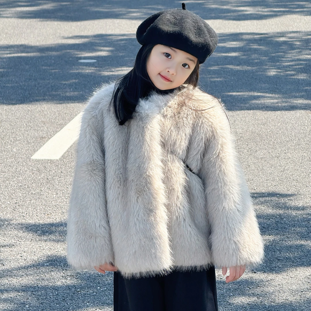 女童2025以假乱真2.0毛料环保狐狸毛仿皮草外套儿童冬季加绒加厚