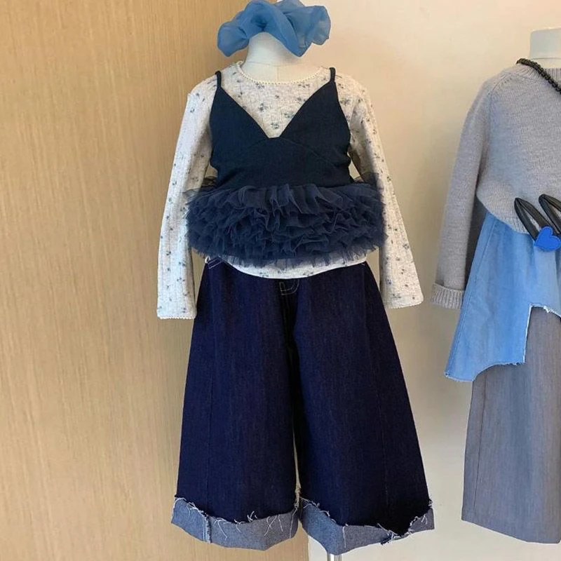 女童秋套装2025新款儿童漂亮网纱纯棉吊带女孩阔腿休闲阔腿牛仔裤