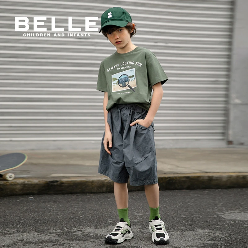 百丽儿童休闲裤男童夏季薄款宽松中大童印花五分裤休闲中裤BB0385