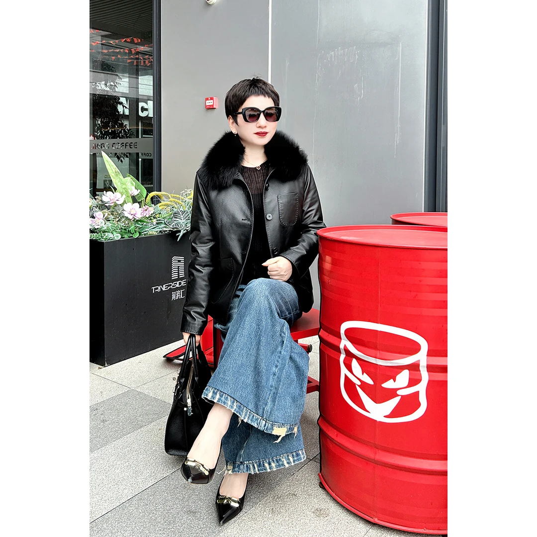 加长版狐狸毛领鹅绒内胆可脱卸真皮皮衣女加厚头层牛皮皮外套2025