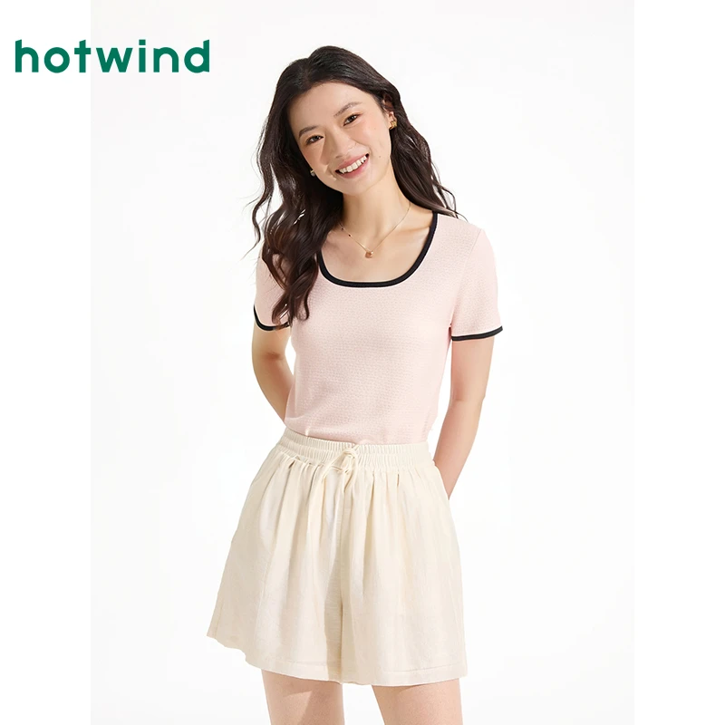 热风2025年夏季新款女士撞色方领短T恤F01W25671