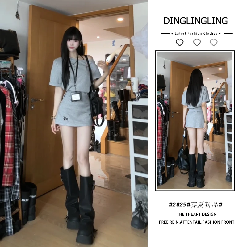 2025年春秋冬新款穿搭套装女韩系短款斜肩短袖上衣半身裙两件套潮