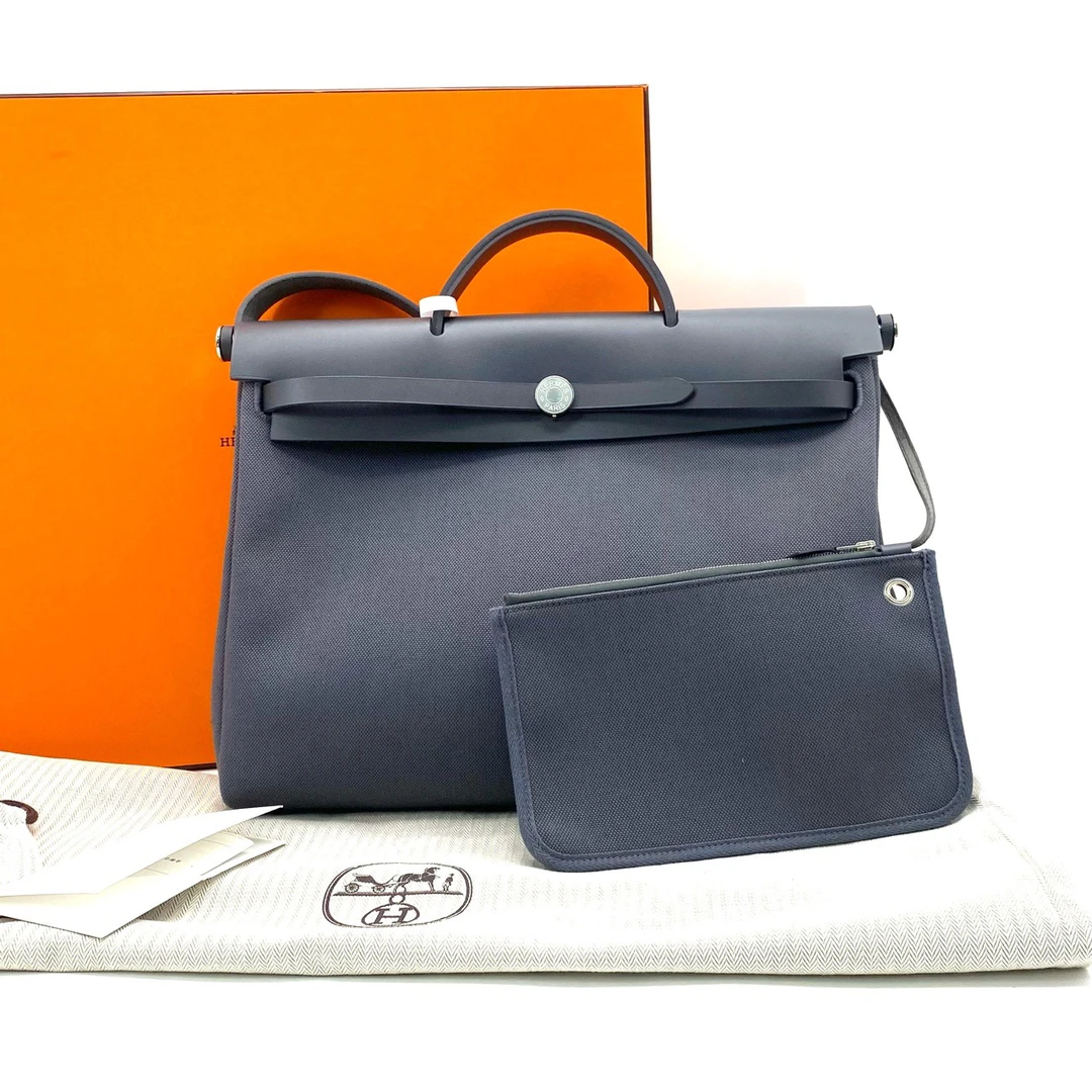 全新未使用 Hermes/爱马仕 石板灰帆布银扣herbag手提包  尺39/28