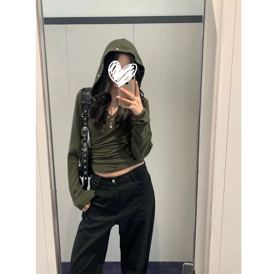 复古V领交叉连帽长袖衫修身早秋新款#9338