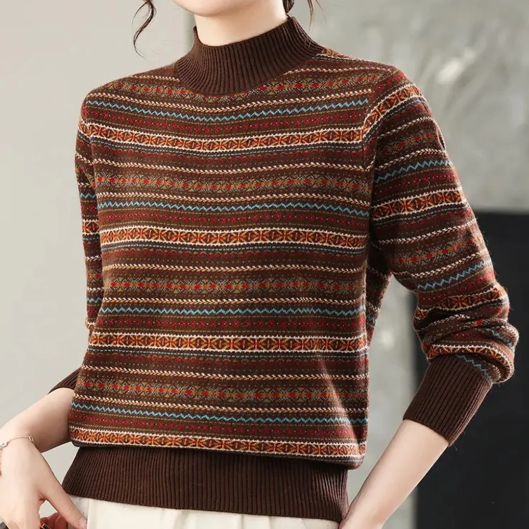 女士半高领复古提花羊毛针织打底毛衣秋冬新款百搭减龄