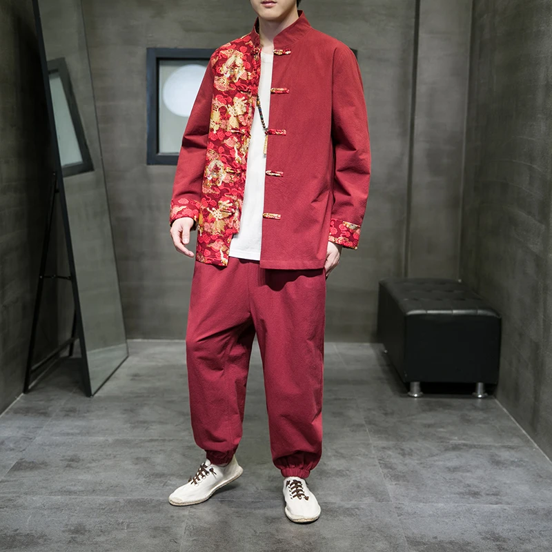 唐装男士棉麻套装春秋季中国风龙纹印花立领中山装太极裤一套搭配