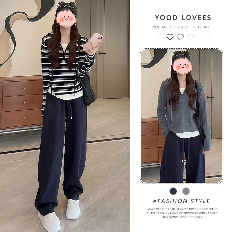 2025春秋新款时尚舒适宽松假两件显瘦针织衫百搭洋气休闲裤套装女