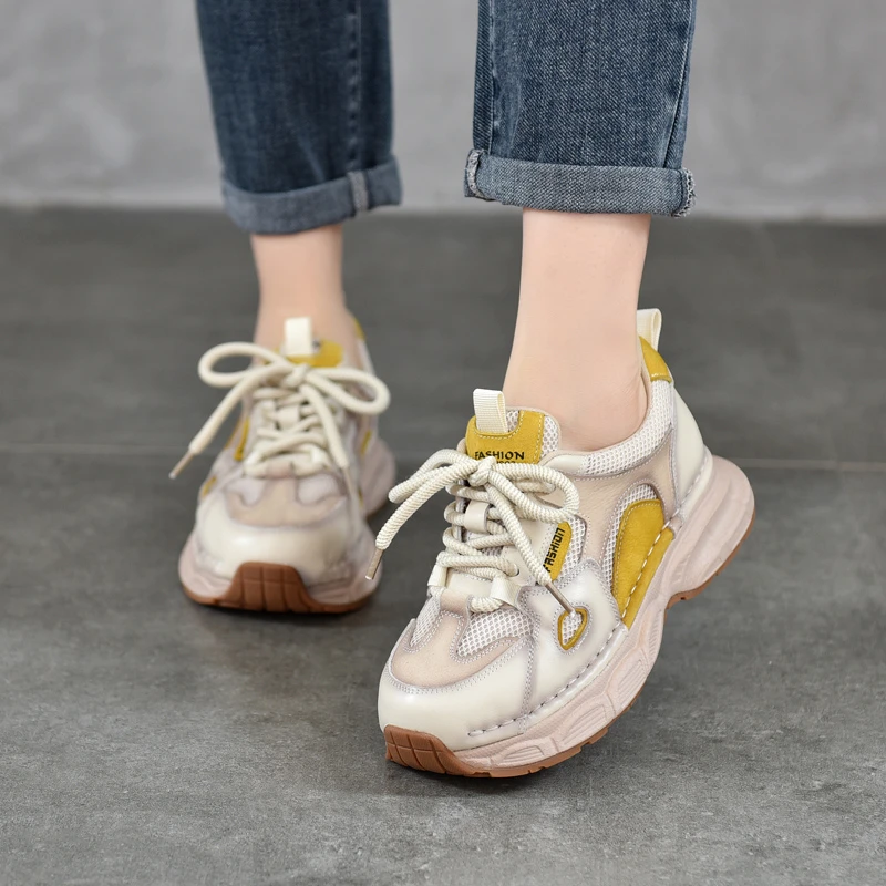 头层牛皮运动风休闲女鞋拼色轻底系带老爹鞋2025春款真皮低帮单鞋