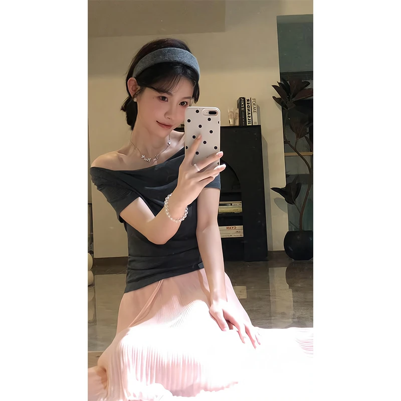 2025新款女士夏季性感一字肩荡领修身显瘦短袖T恤上衣宽松半身裙