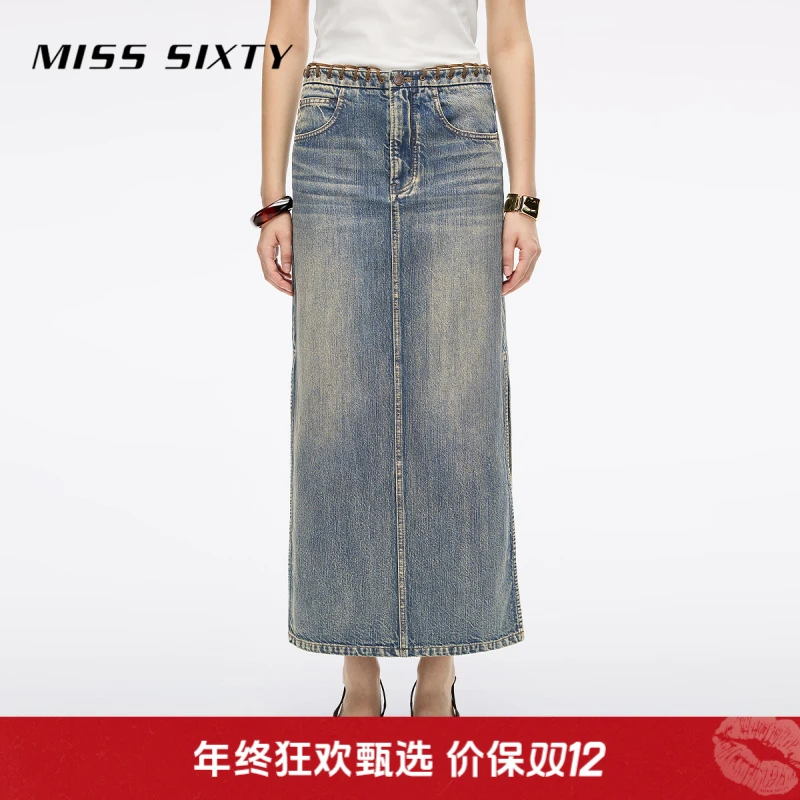 Miss Sixty2025秋季新款牛仔长裙女绳带腰头双开衩半身裙