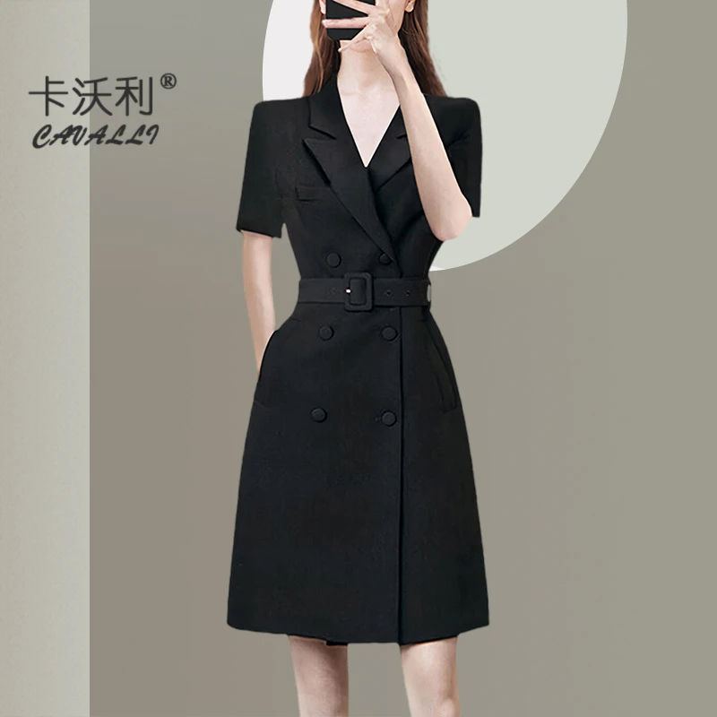 时尚职业黑色西装连衣裙2025夏季新款轻熟风小个子收腰显瘦裙子女