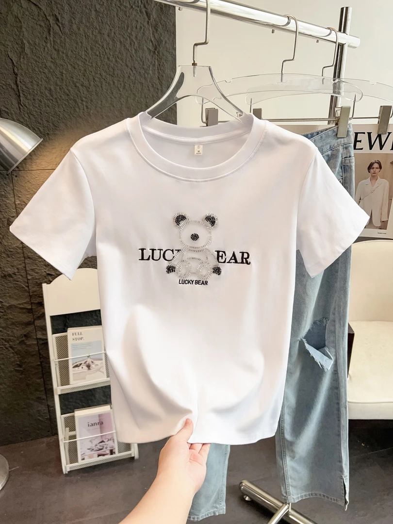 夏季时尚圆领重工烫钻T恤纯色宽松女半袖吸汗休闲百搭显瘦夏装ins