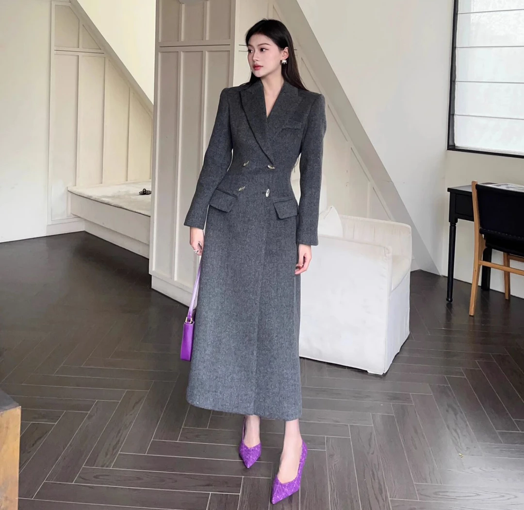 高级感时尚毛呢外套女秋冬韩版双排扣保暖修身显瘦法式中长款大衣