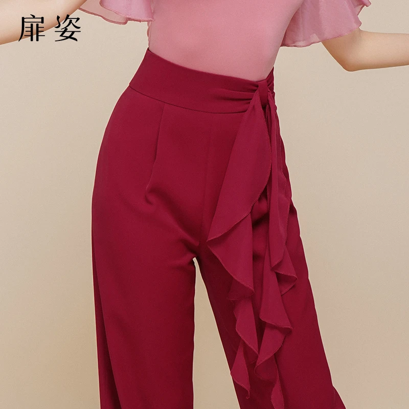 扉姿 摩登舞裤子女薄款舞蹈飘带直筒西裤新款拉丁舞练功长裤F2130