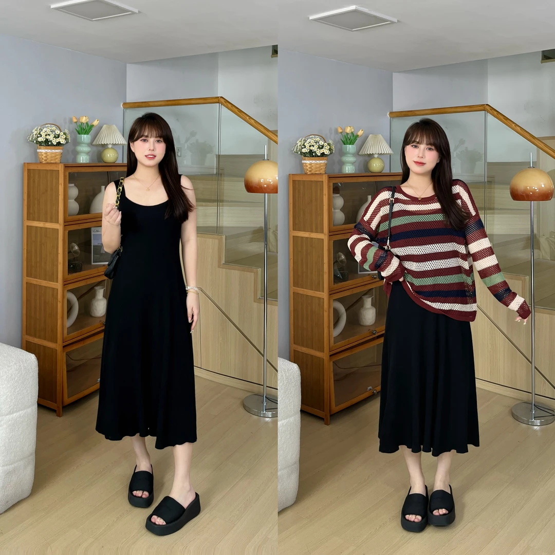 上新【彩色慵懒条纹】长袖慵懒风罩衫+百搭背心裙大码显瘦套装