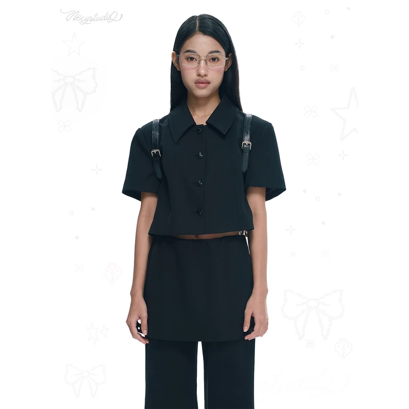 NECY 【Black Mamba】短款衬衫西装上衣 爱心锁纽扣气质短袖