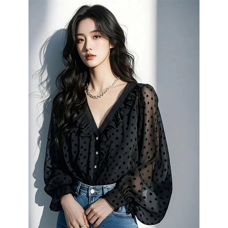 9737高级感独特上衣黑色波点荷叶边雪纺衬衫女2025春秋新款洋气