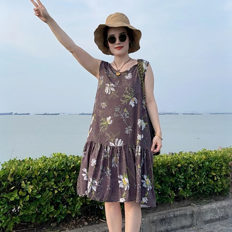 2025夏季新款棉绸连衣裙女人造棉时尚宽松大码旅游外穿裙子双口袋
