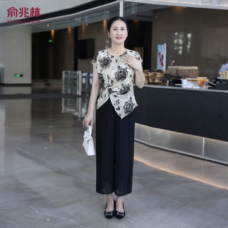 俞兆林母亲节中年妈妈夏装短袖上衣端庄大气套装时尚年轻洋气小衫