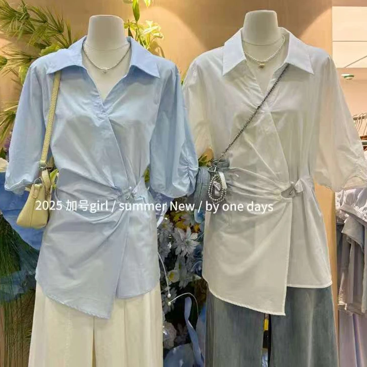 加号 G97378大码韩系设计感小众衬衫不规则V领短袖袖夏季宽松上衣