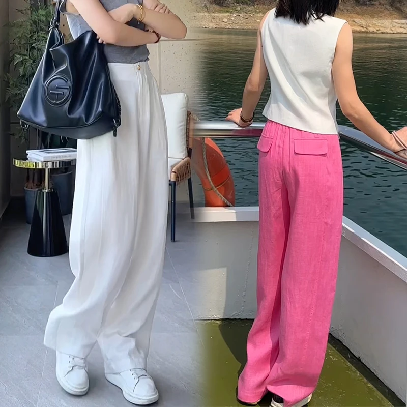 【KKGL2】2025新款香蕉裤女夏亚麻休闲弯刀裤直筒阔腿裤垂坠感高腰